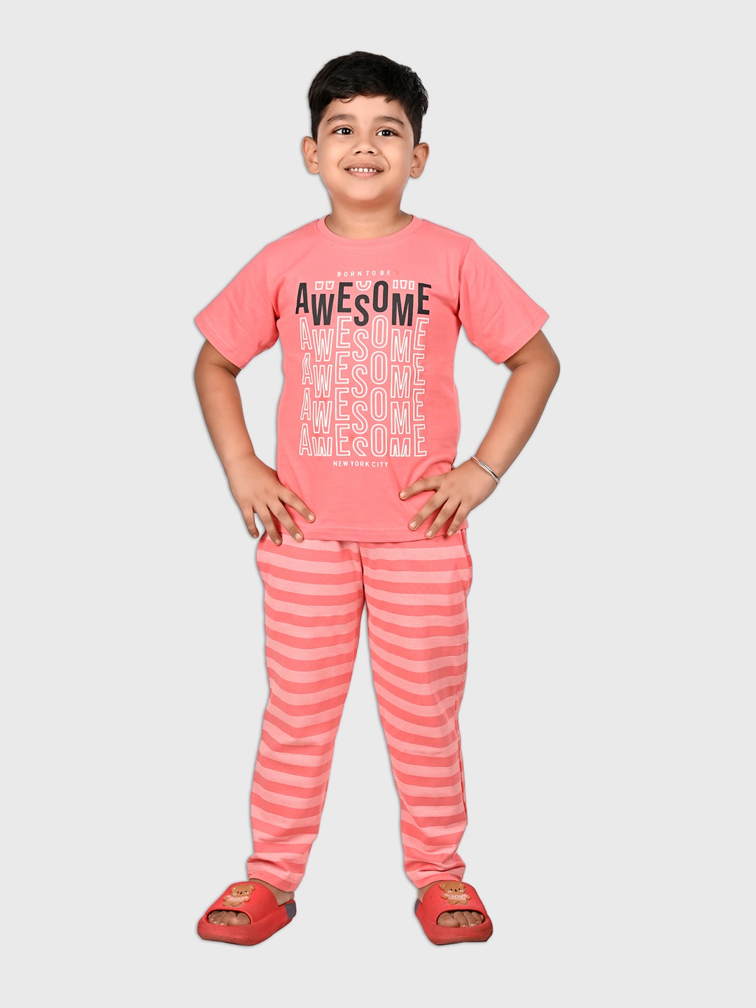 

Here&Now X Denikid Boys Cotton Printed T-shirt with Striped Leggings, Coral