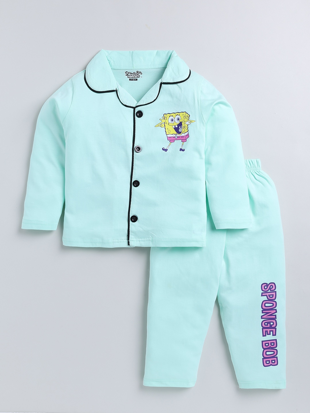 

Here&Now X Denikid Girls Spongebob Printed Pure Cotton Shirt with Trousers, Sea green