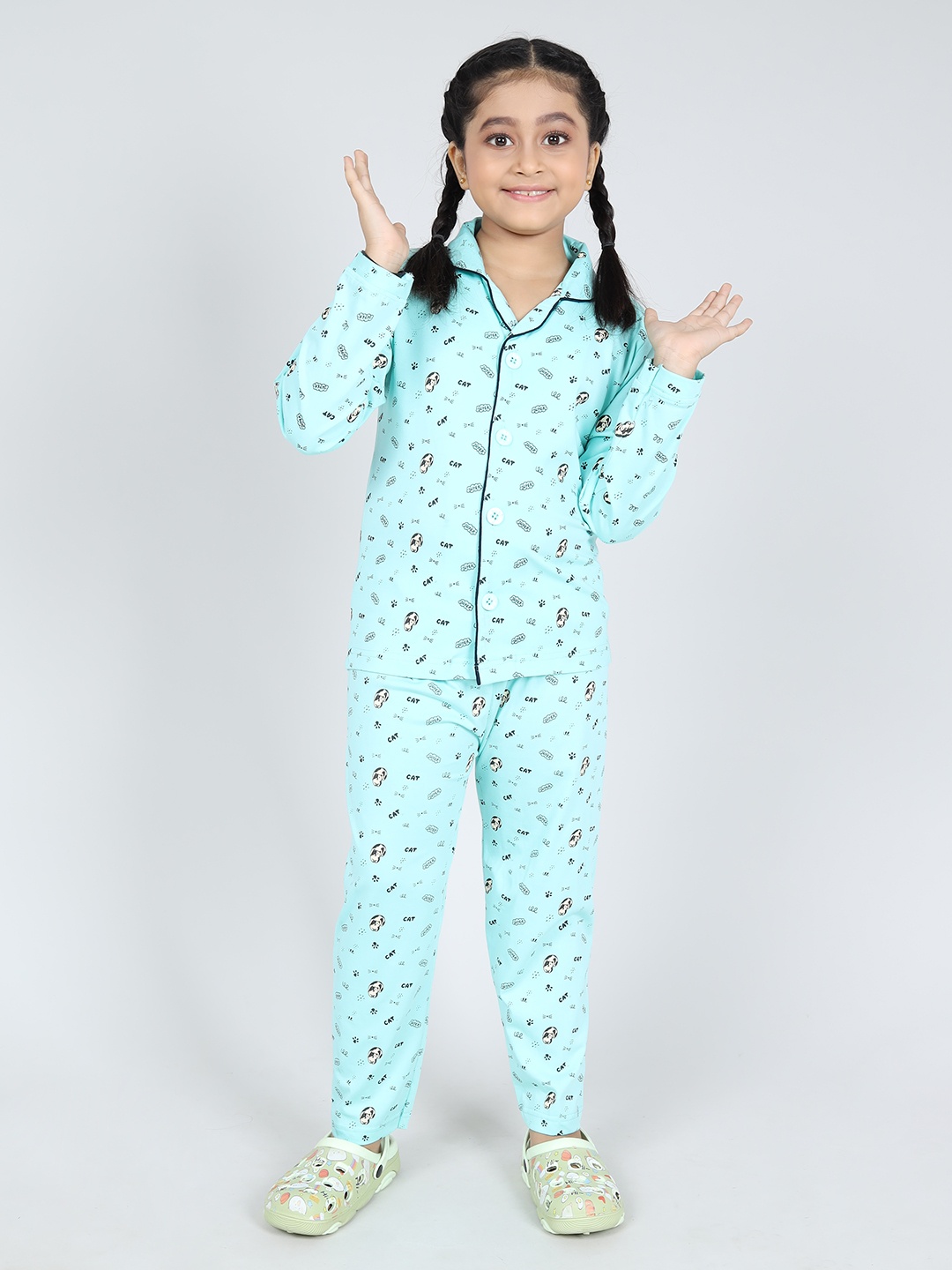 

Here&Now X Denikid Girls Printed Pure Cotton Shirt with Trousers, Sea green
