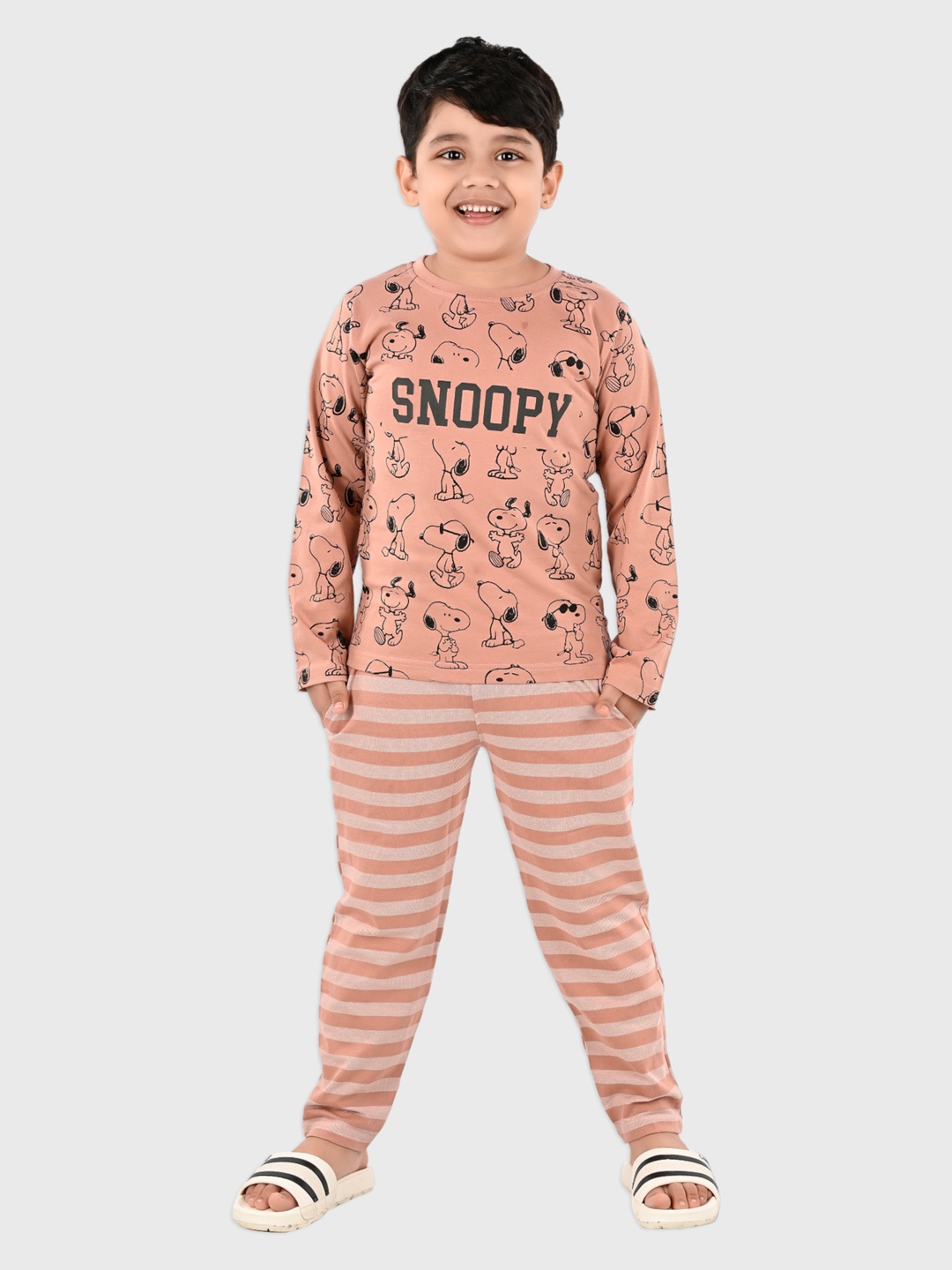 

Here&Now X Denikid Boys Printed T-shirt with Striped Leggings, Brown