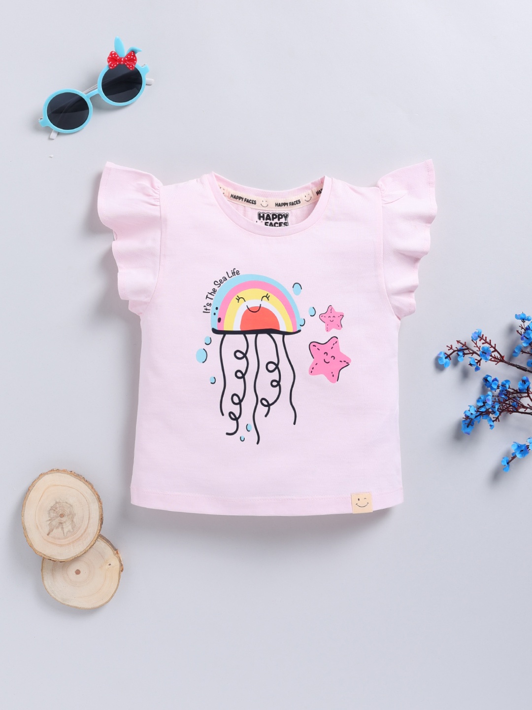 

Happy Faces Girls Conversational Print Flutter Sleeves Pure Cotton Top, Pink