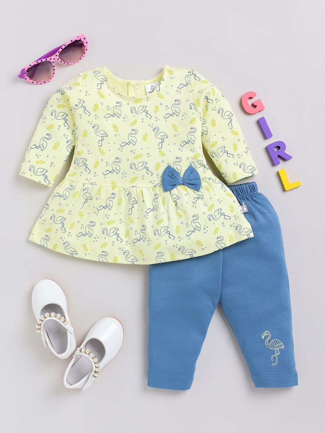 

YK X Tinyo Infant Girls Printed Pure Cotton Top with Pyjamas, Yellow