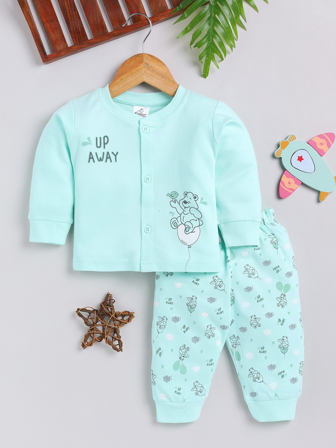

YK X Tinyo Infant Boys Pure Cotton Printed Top With Joggers, Green
