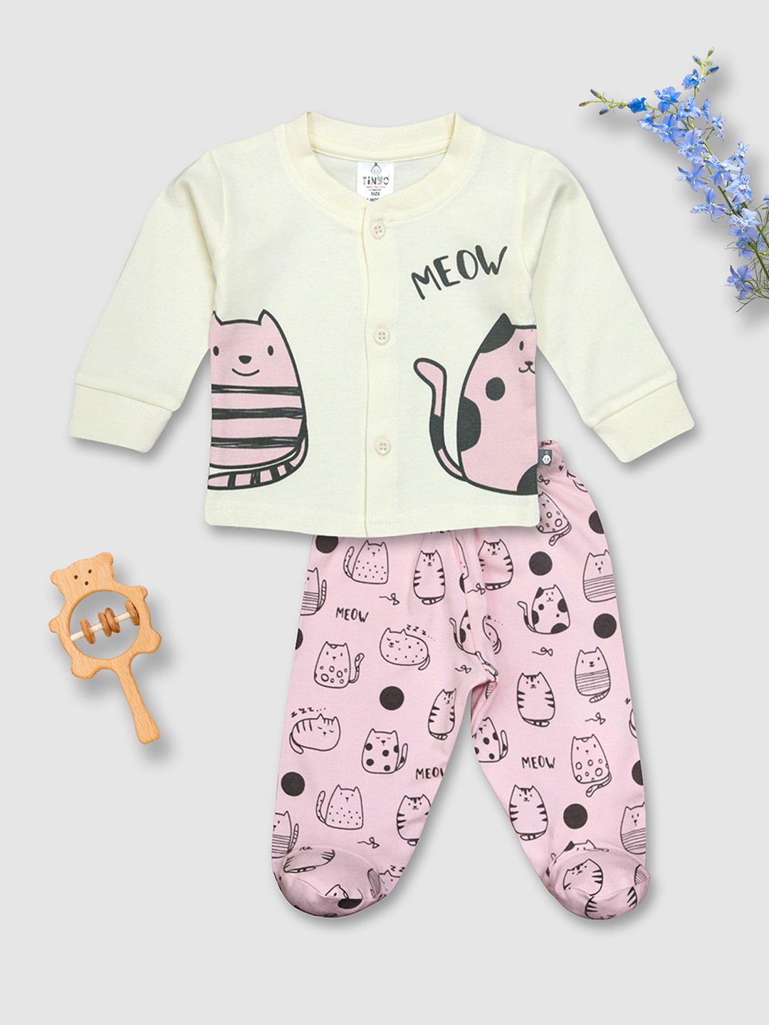 

YK X Tinyo Infant Girls Printed Pure Cotton Top & Joggers With Bib, Off white