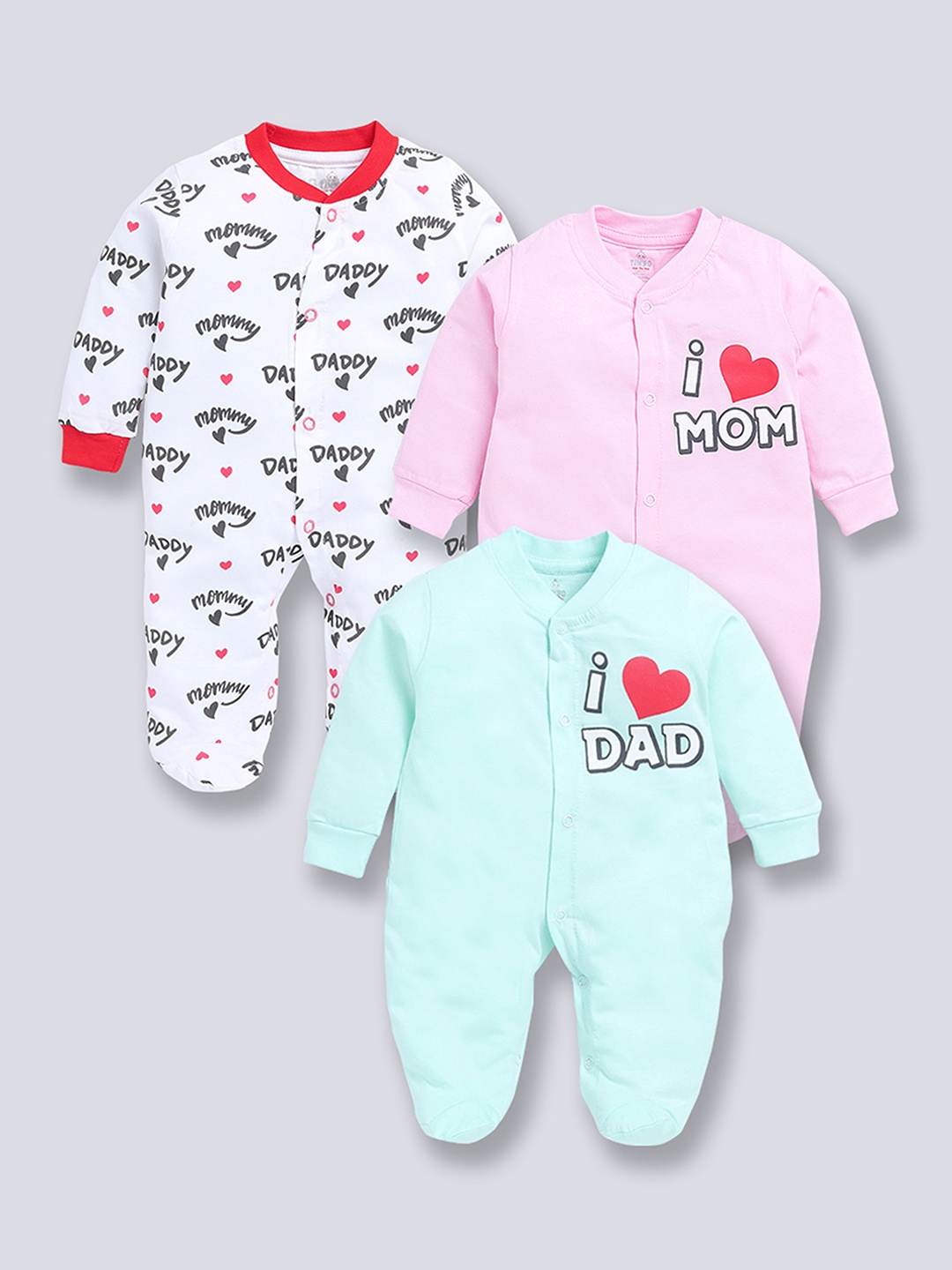 

YK X Tinyo Boys Pack of 3 Printed Pure Cotton Sleepsuit, Pink