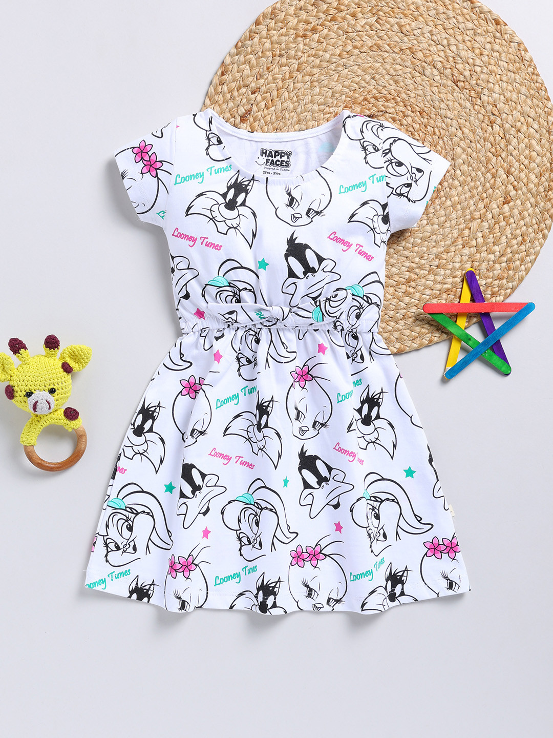 

Happy Faces Girls Looney Tunes Printed A-Line Dress, White