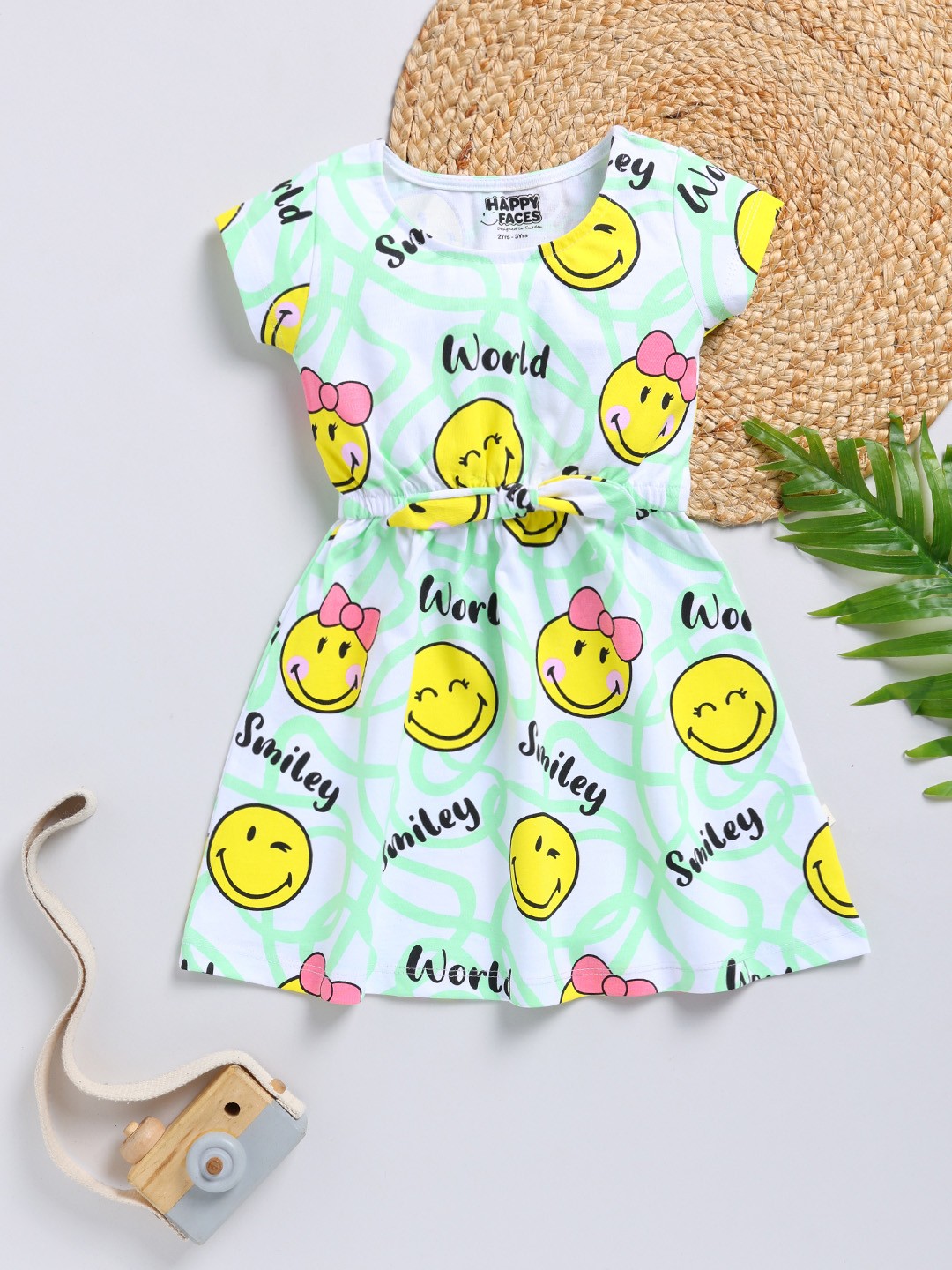 

Happy Faces Girls Smiley Printed A-Line Dress, White