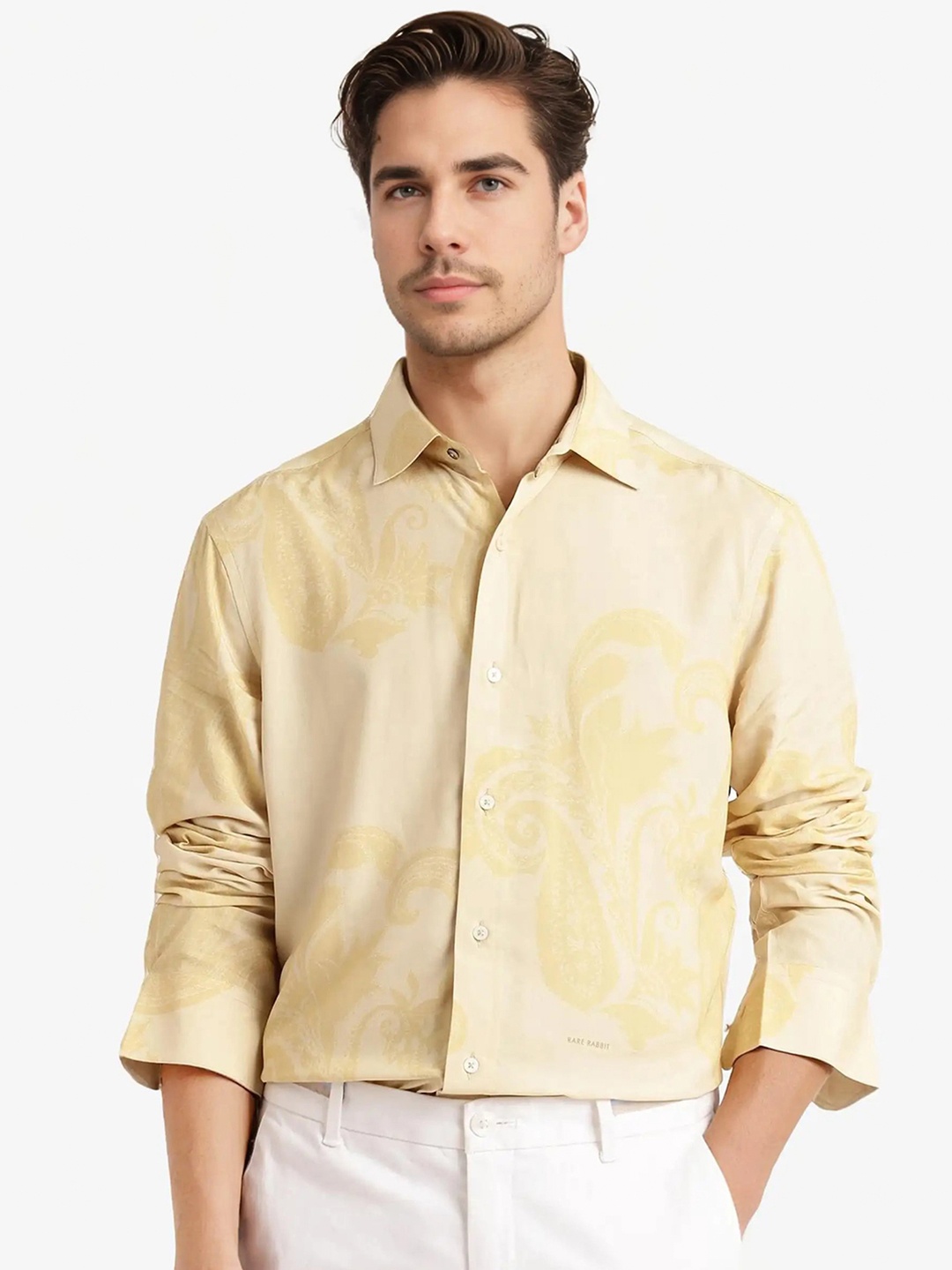 

RARE RABBIT Men Comfort Spread Collar Floral Printed Casual Shirt, Yellow