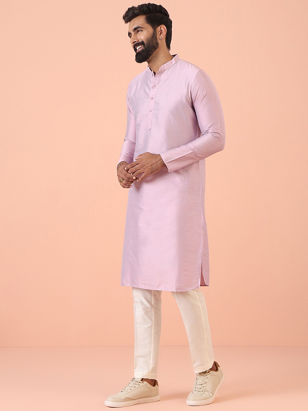 

KISAH Men Mandarin Collar Regular Solid Kurta Trouser Set, Pink