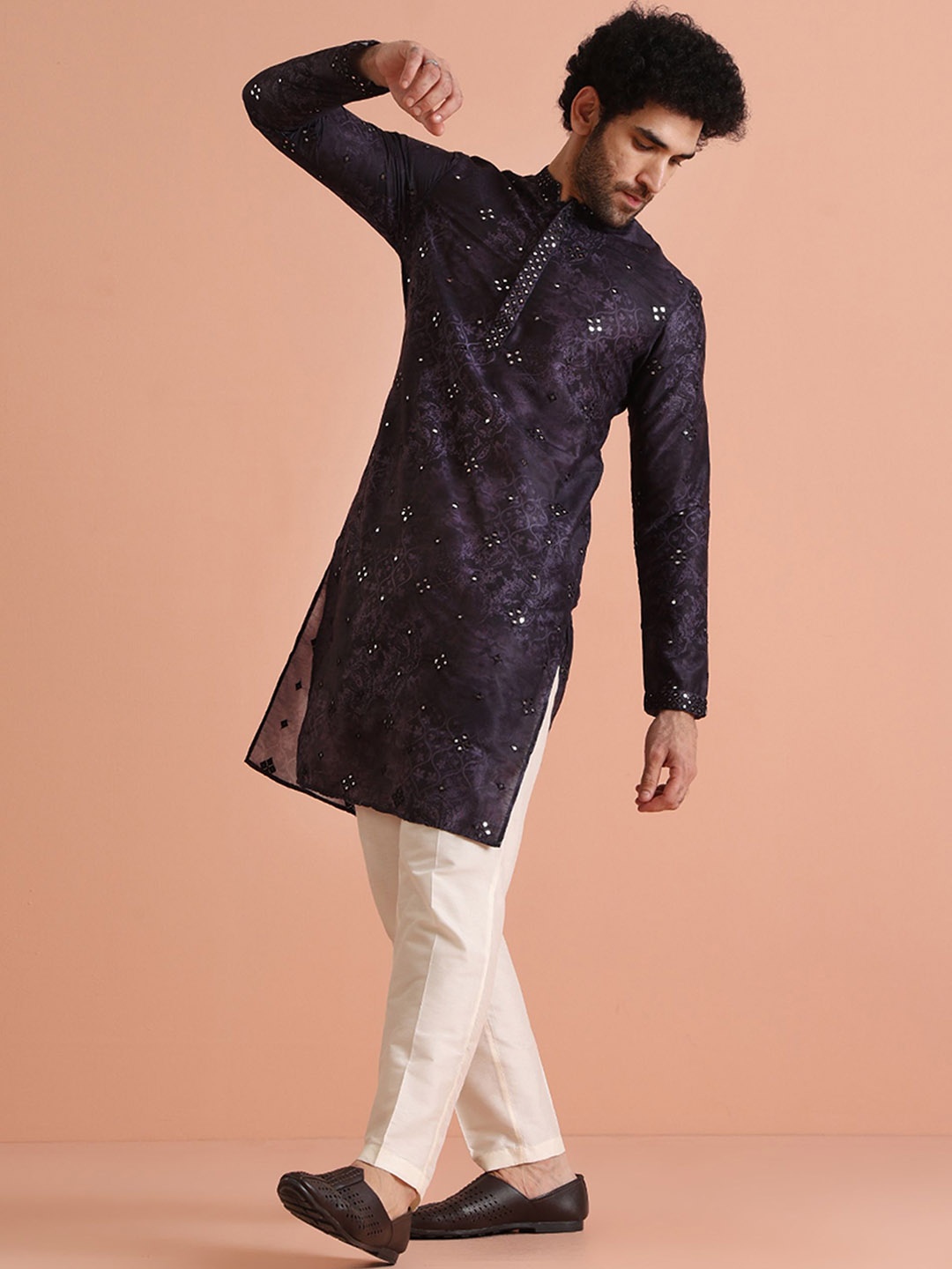

KISAH Men Embroidered Regular Fit Mirror work Kurta Trouser Set, Violet