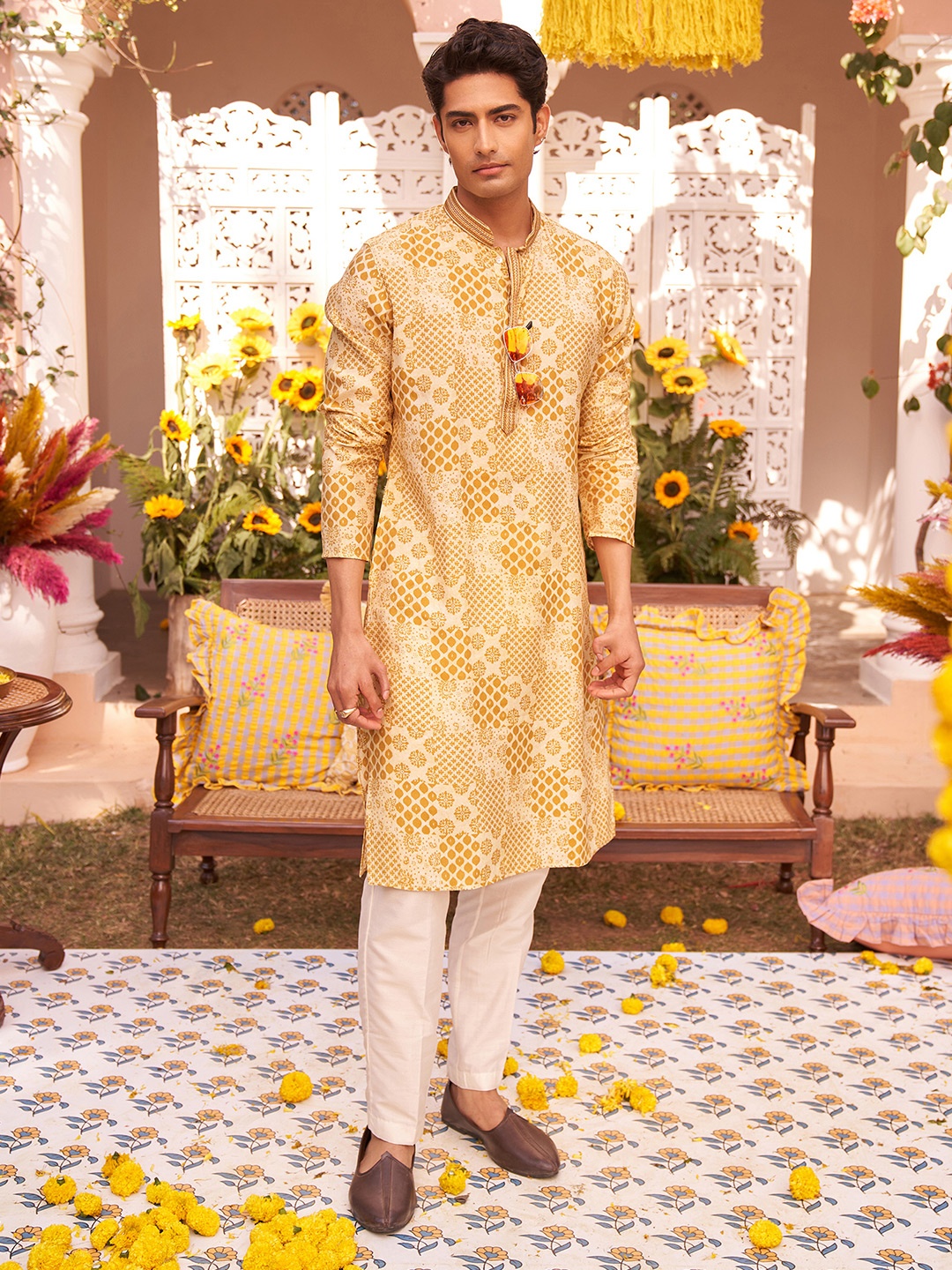 

KISAH Men Printed Regular Fit Ethnic Motifs Kurta Trouser Set, Mustard