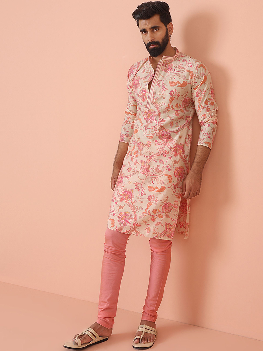 

KISAH Men Printed Regular Fit Floral Kurta Churidar Set, Pink