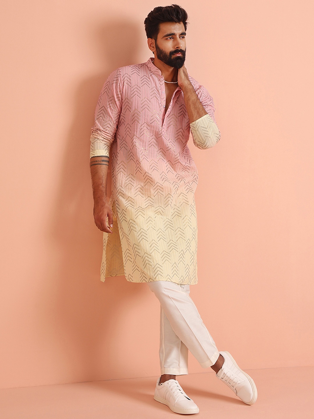 

KISAH Geometric Embroidered Sequinned Kurta Trouser Set, Brown