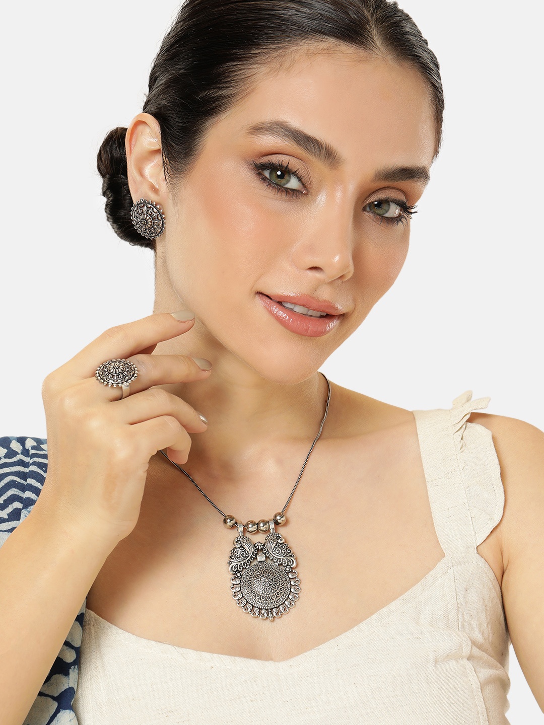 

AITIHYA Silver-Plated Oxidised Necklace Set With Ring