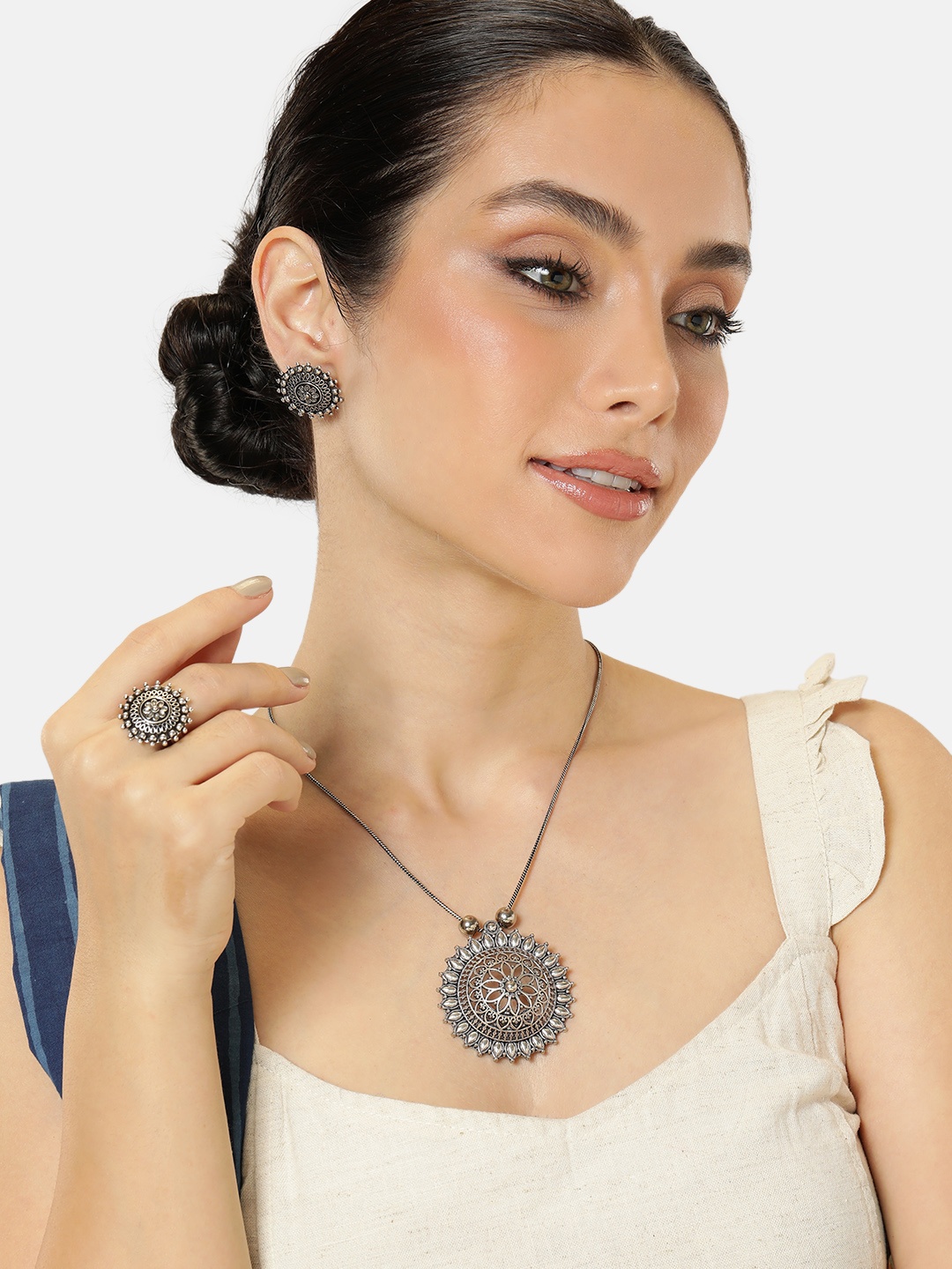 

AITIHYA Silver-Plated Oxidised Necklace Set With Ring