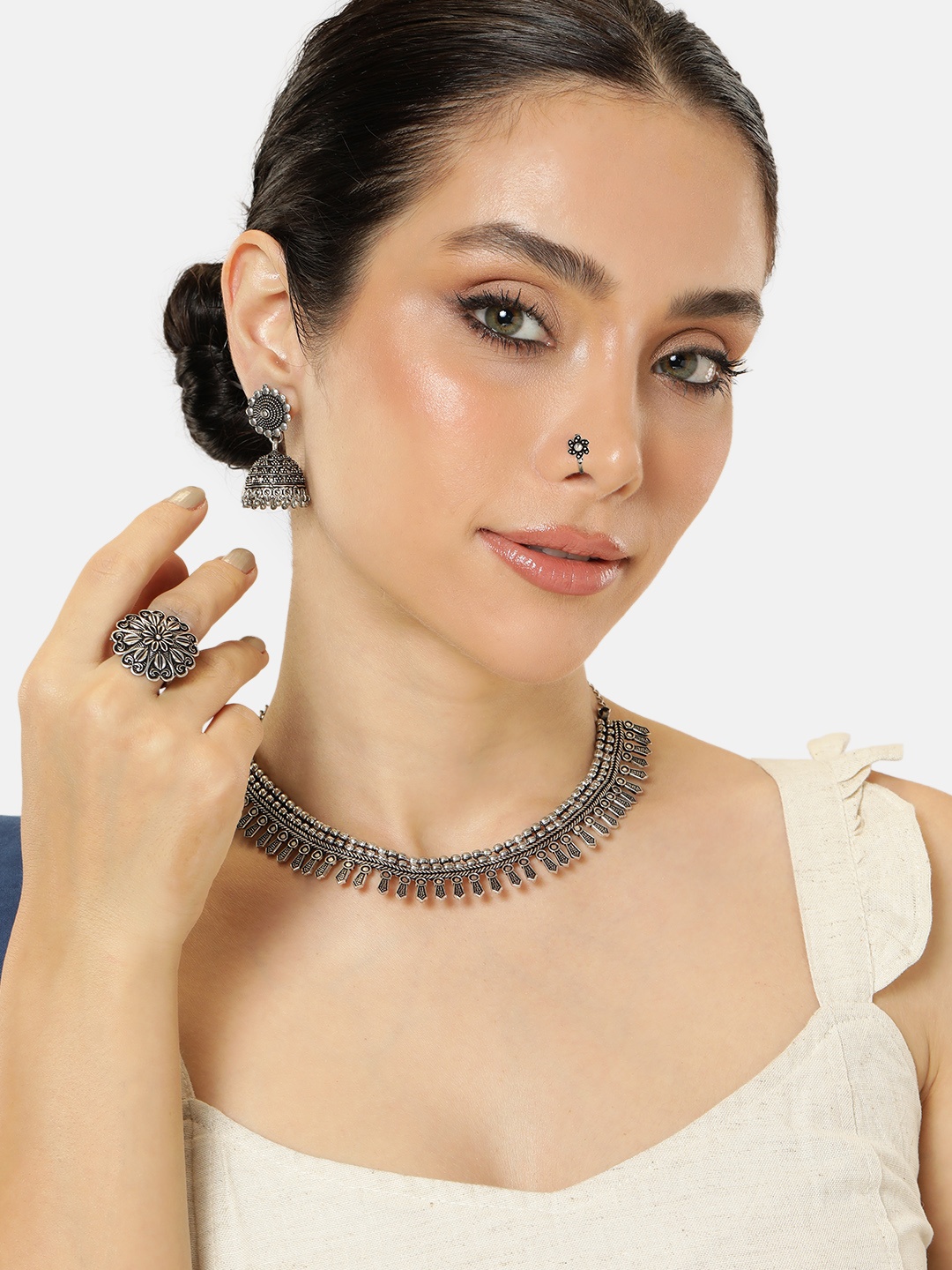 

AITIHYA Silver-Plated Oxidised Necklace Set With Nosepin & Ring