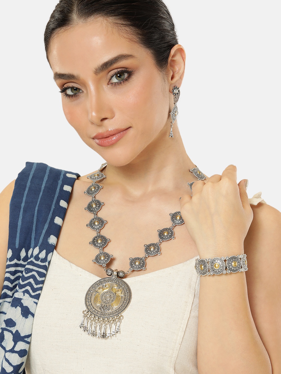 

AITIHYA Silver-Plated Oxidised Necklace Set With Bracelet