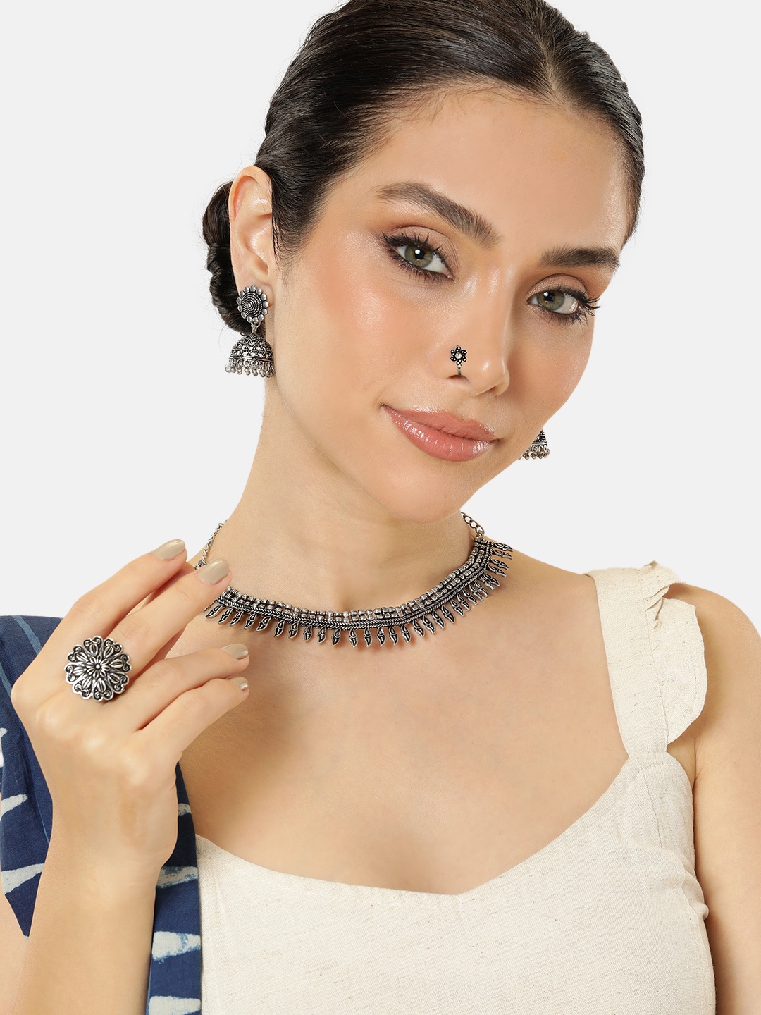 

AITIHYA Silver-Plated Oxidised Necklace Set With Nosepin & Ring