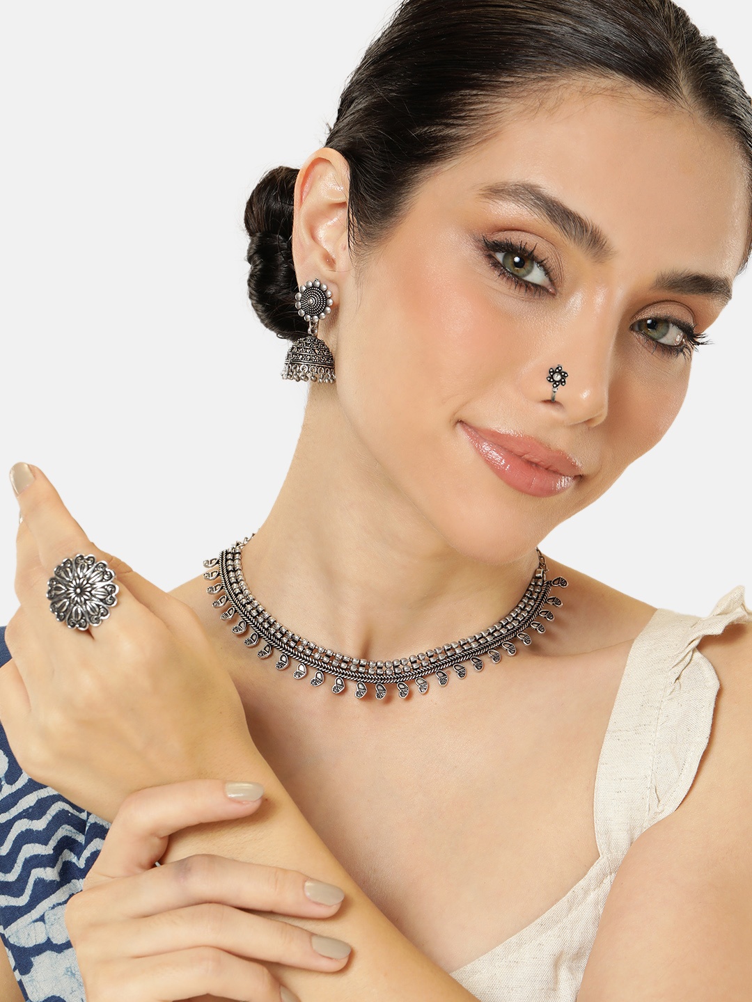 

AITIHYA Silver-Plated Oxidised Necklace Set With Nosepin & Ring
