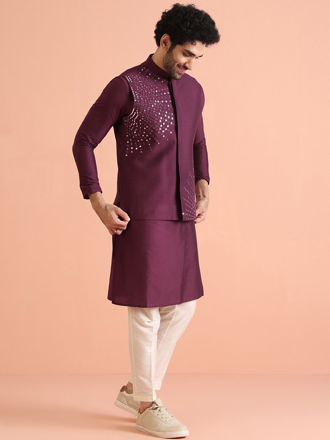 

KISAH Men Embroidered Regular Fit Mirror work Kurta Nehru Jacket Trouser Set, Maroon