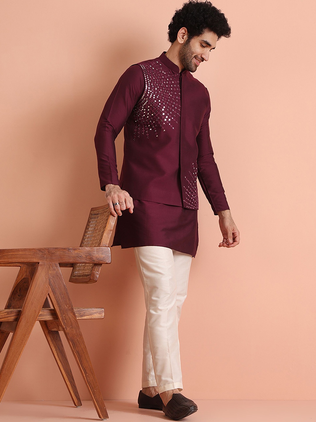 

KISAH Men Embroidered Regular Fit Mirror work Kurta Nehru Jacket Trouser Set, Maroon