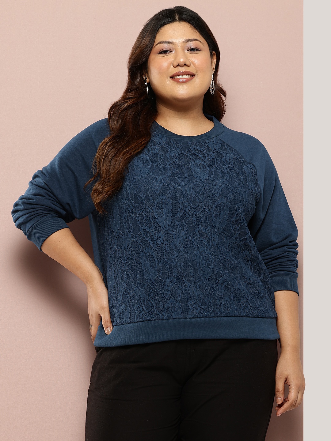

Sztori Women Plus Size Lace Detail Terry Sweatshirt, Navy blue