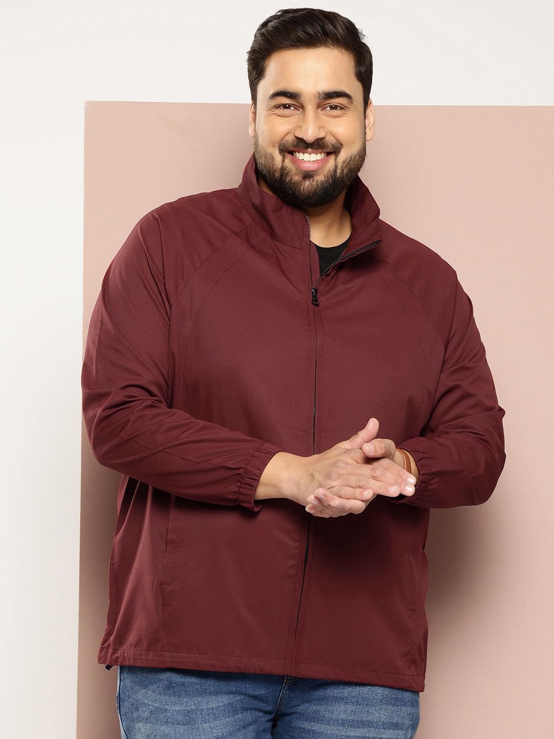 

Sztori Men Plus Size Geometric Self Design Sporty Jacket, Burgundy