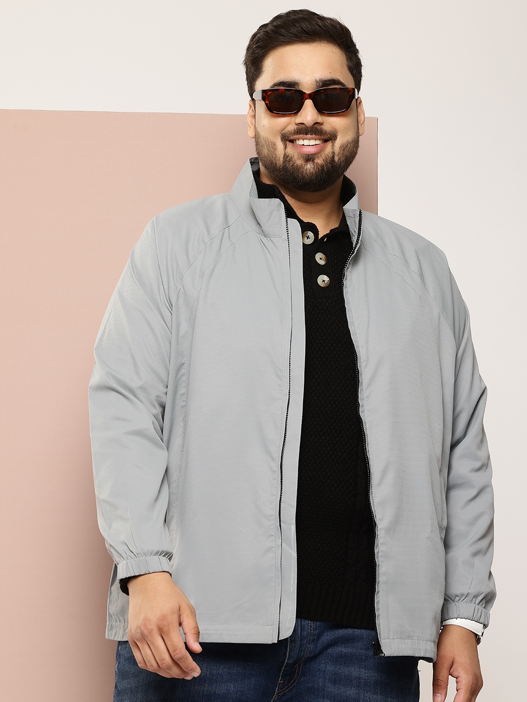 

Sztori Men Plus Size Geometric Textured Outdoor Sporty Jacket, Grey