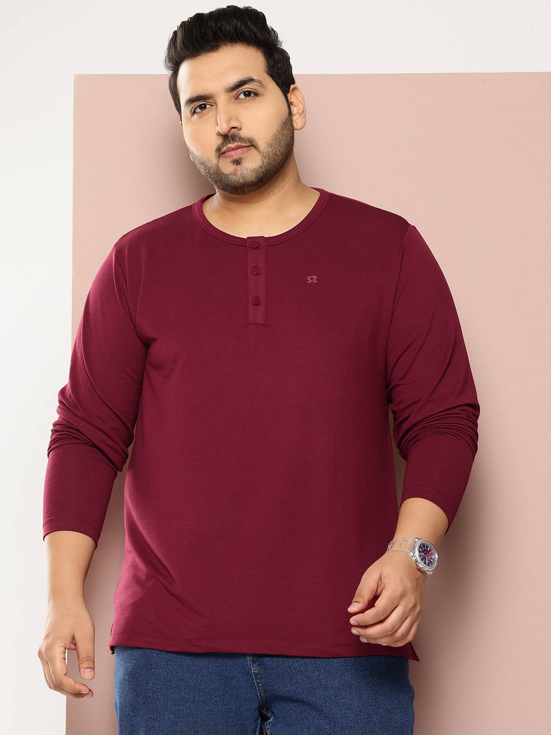 

Sztori Plus Size Henley Neck T-shirt, Maroon