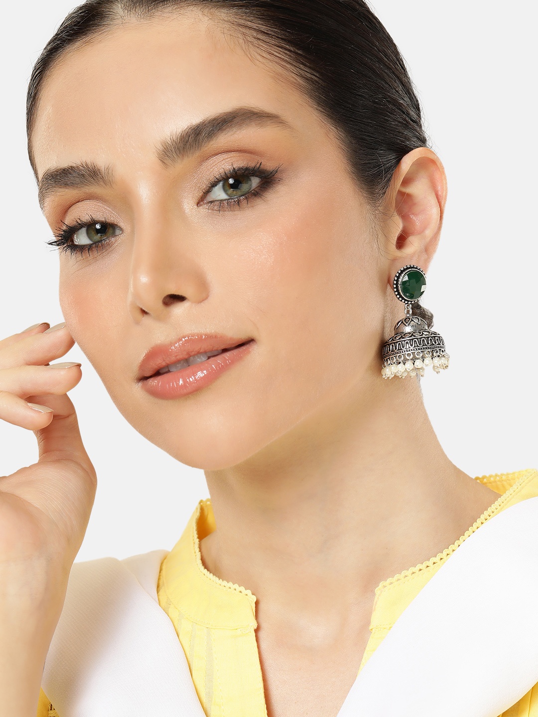 

AITIHYA Silver-Plated Ethnic Stones Dome Shaped Jhumkas Earrings, Green