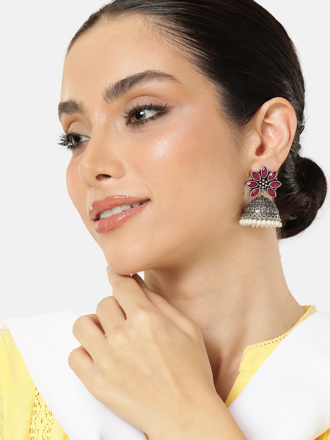 

AITIHYA Ethnic Stones Studded Dome Shaped Jhumkas Earrings, Fuchsia