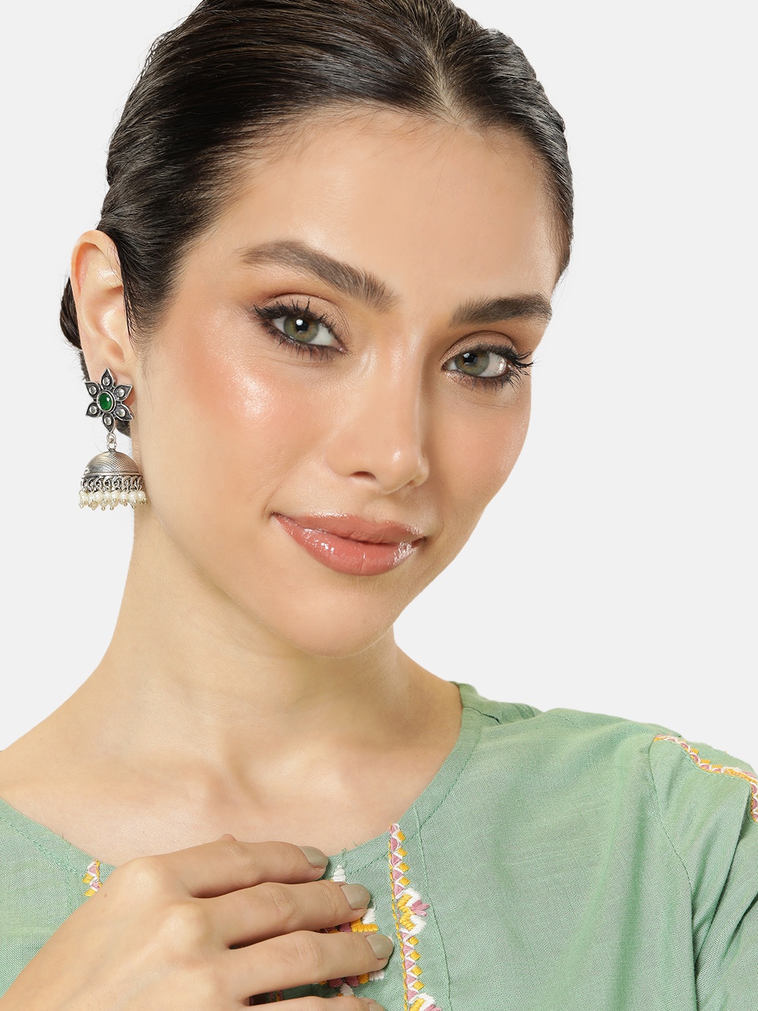 

AITIHYA Ethnic Stones Floral Dome Shaped Jhumkas Earrings, Green