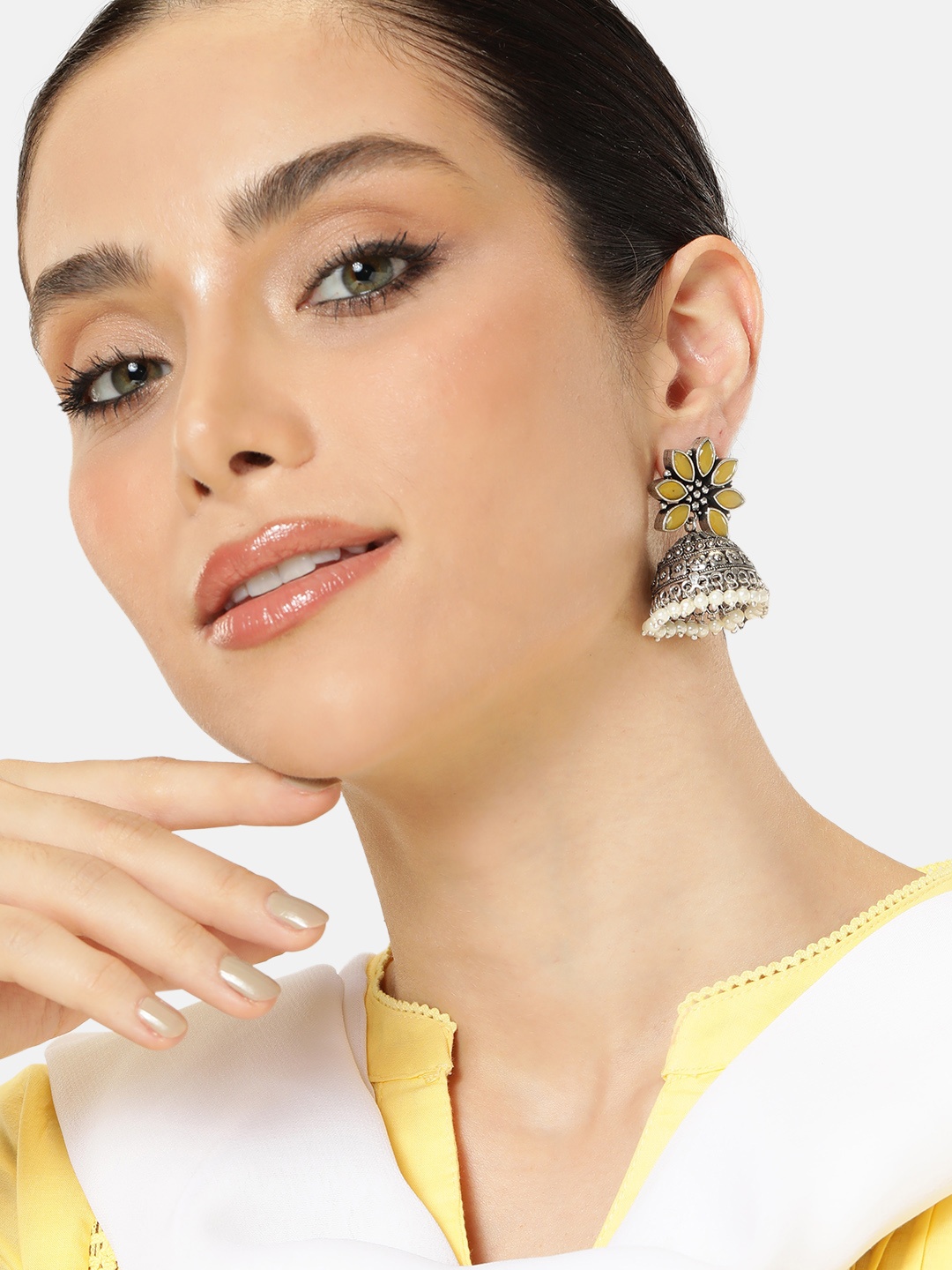 

AITIHYA Ethnic Stones Floral Dome Shaped Jhumkas Earrings, Yellow