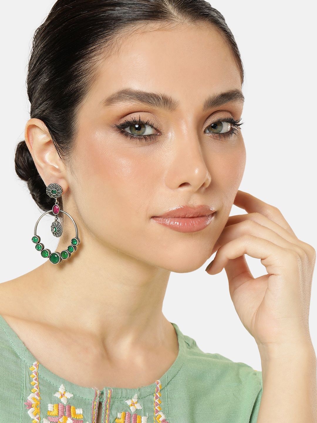 

AITIHYA Circular Stone Studded Oxidised Chandbalis Earrings, Green