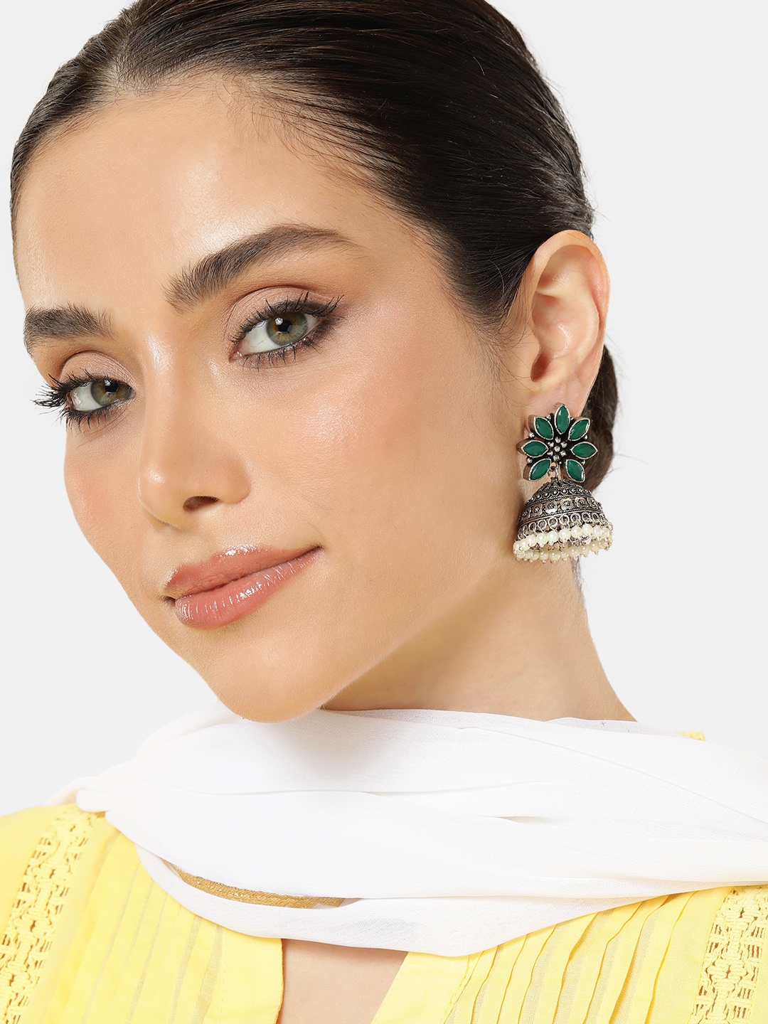 

AITIHYA Floral Ethnic Stone Studded Dome Shaped Jhumkas Earrings, Green