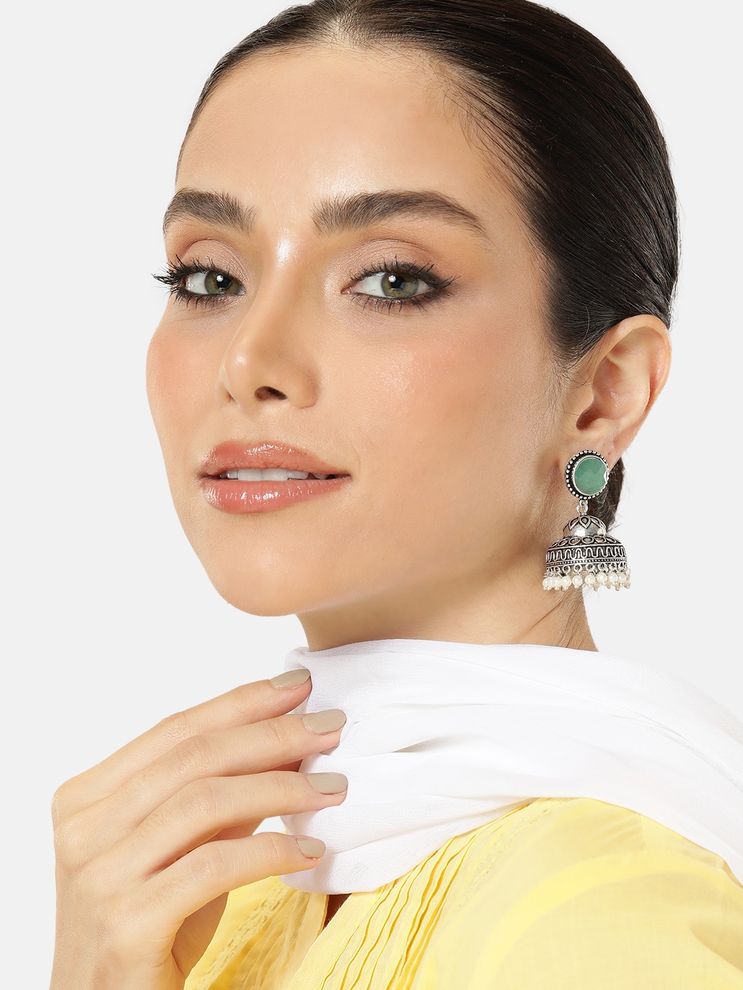 

AITIHYA Silver-Plated Artificial Stones & Beads Oxidised Dome Shaped Jhumkas, Sea green