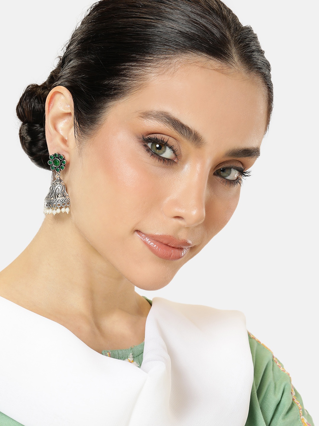

AITIHYA Ethnic Stone Studded Oxidised Dome Shaped Jhumkas Earrings, Green