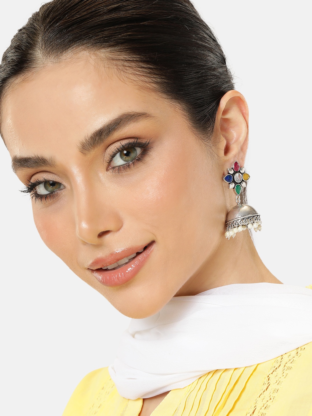 

AITIHYA Silver-Plated Artificial Stones & Beads Oxidised Dome Shaped Jhumkas