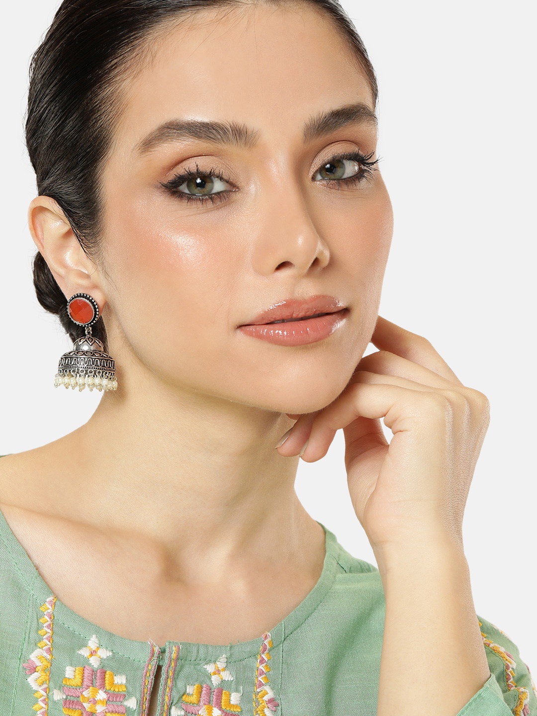 

AITIHYA Ethnic Stones Studded Oxidised Dome Shaped Jhumkas Earrings, Orange