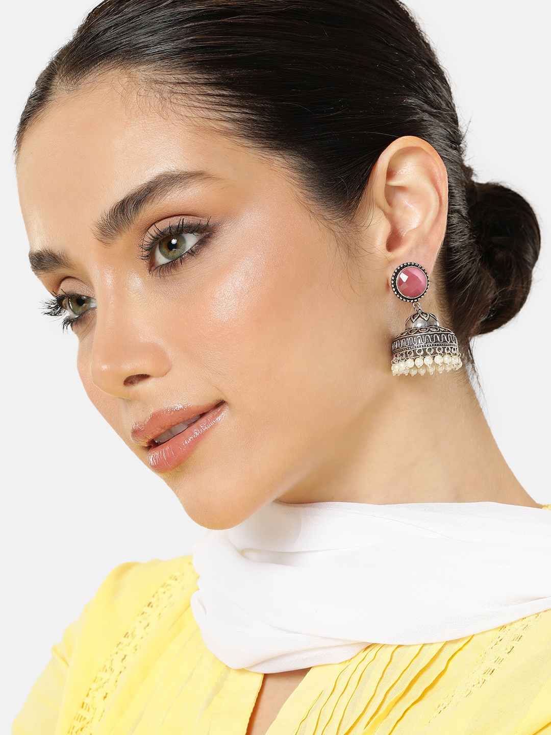 

AITIHYA Silver-Plated Artificial Stones & Beads Oxidised Dome Shaped Jhumkas, Pink