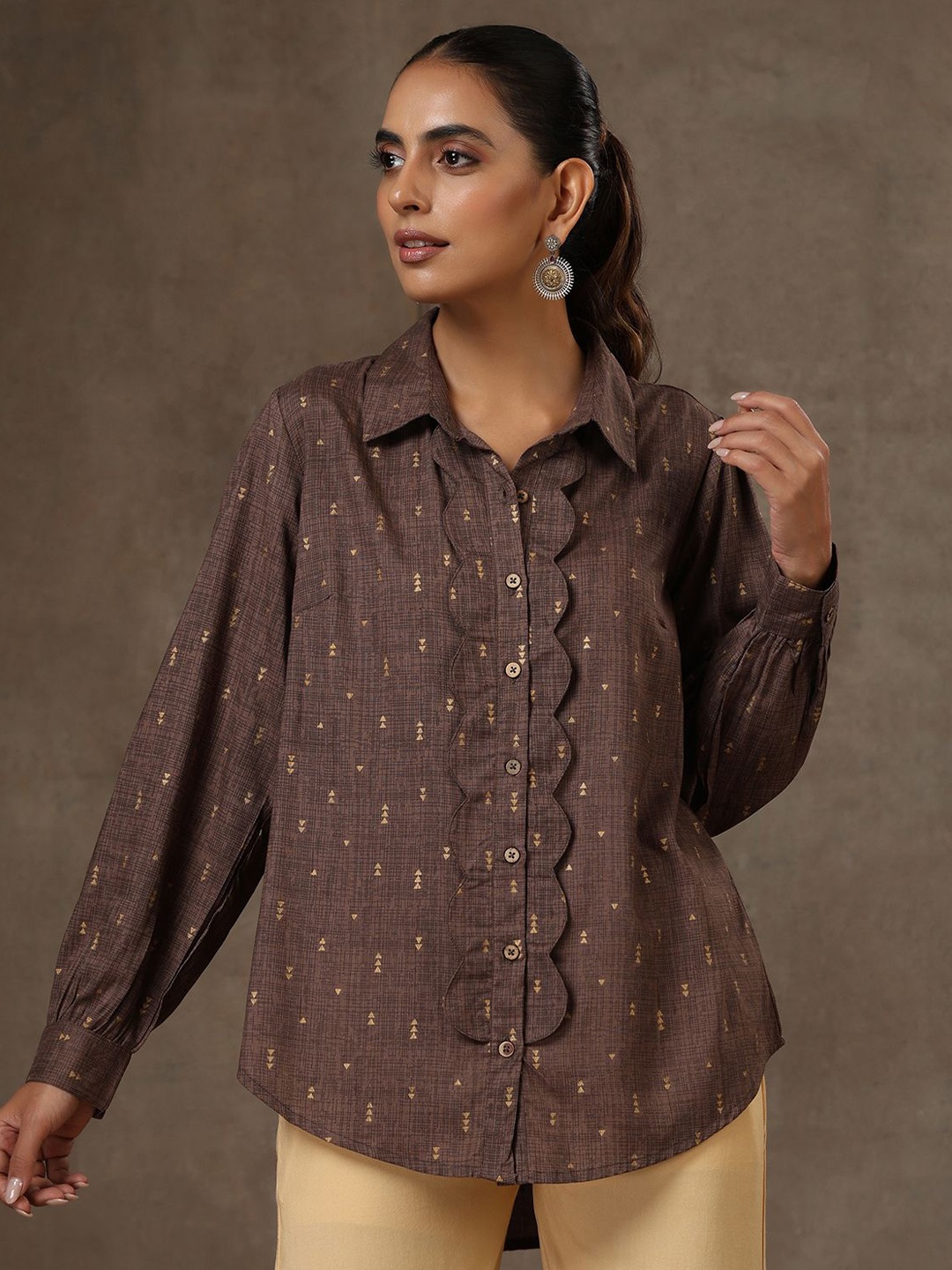 

House of Chikankari HOC Crafts Printed Shirt, Brown