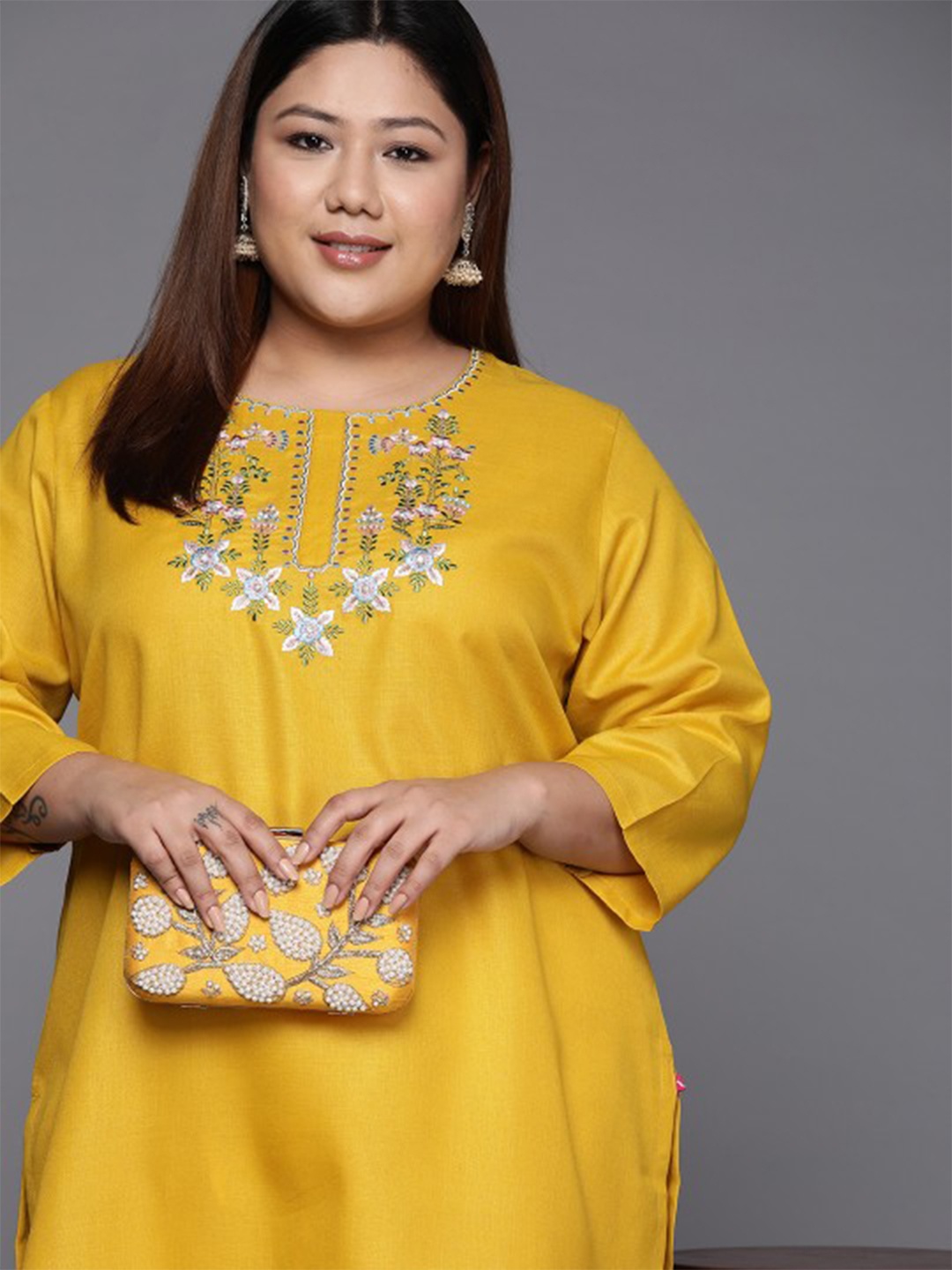 

Sztori Plus Size Floral Embroidered Round Neck Cotton Straight Kurta, Mustard