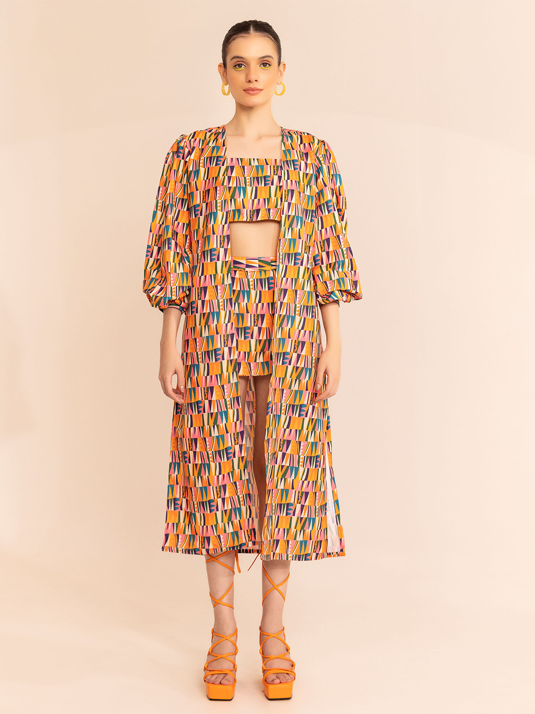 

KAORI BY SHREYA AGARWAL Printed Open Front Shrug, Yellow