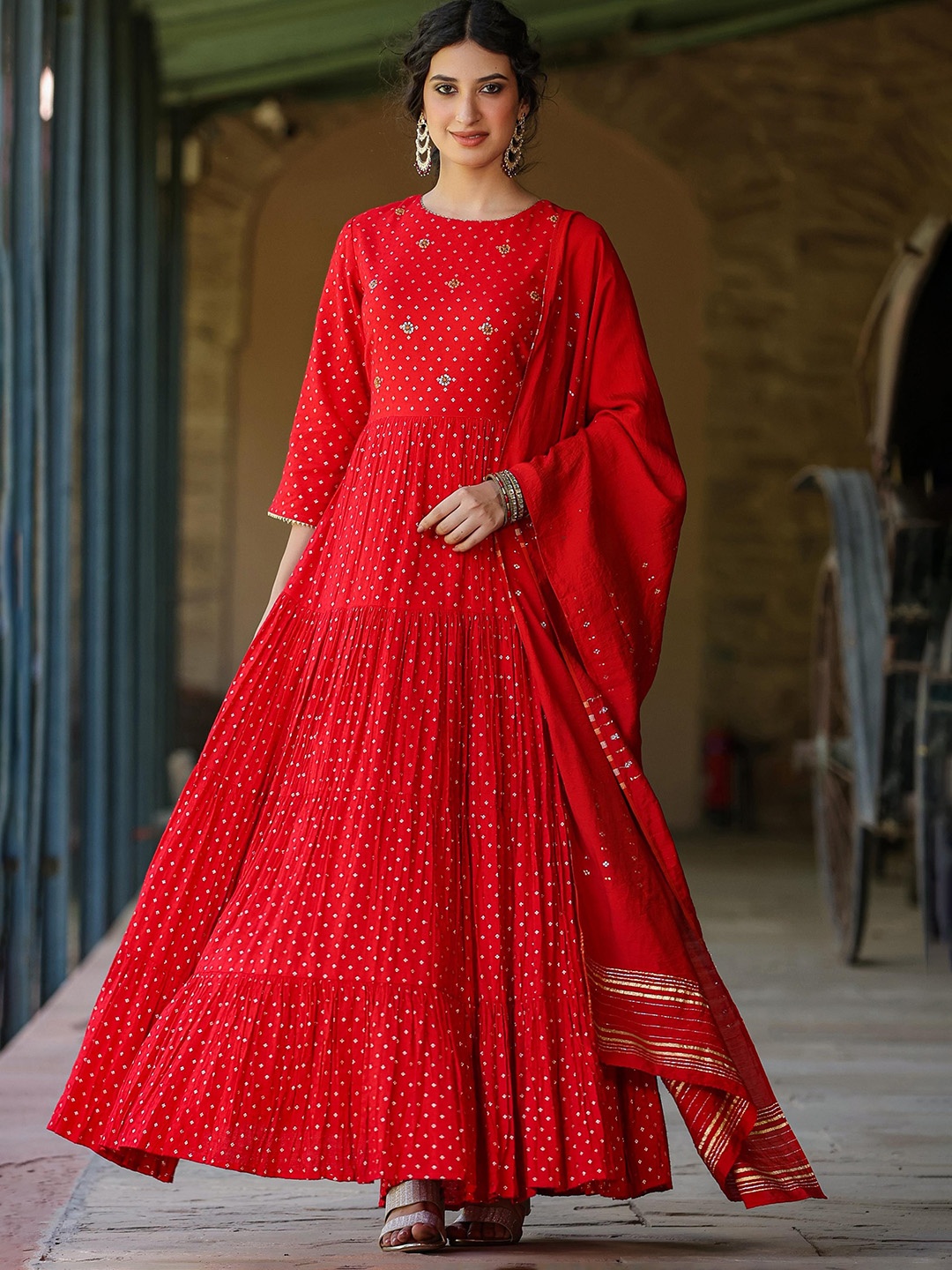 

SCAKHI Embellished Cotton Jacquard Tiered Ethnic Dresses, Red