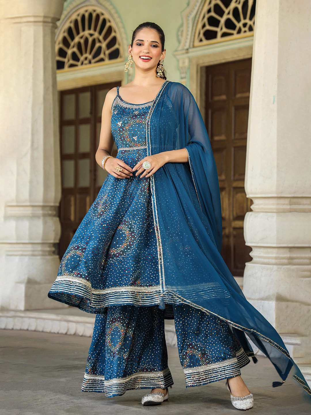 

SCAKHI Bandhani Embroidered Empire Mirror Work Anarkali Kurta with Sharara & Dupatta, Navy blue