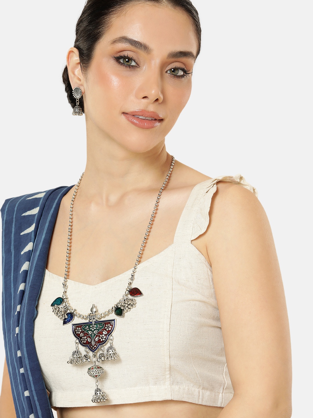 

AITIHYA Silver-Plated Stone Studded Oxidised Jewellery Set