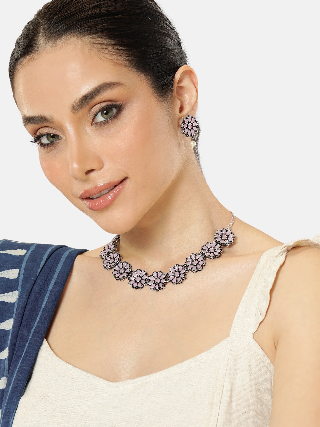 

AITIHYA Silver-Plated Oxidised Necklace With Earrings Set, Pink