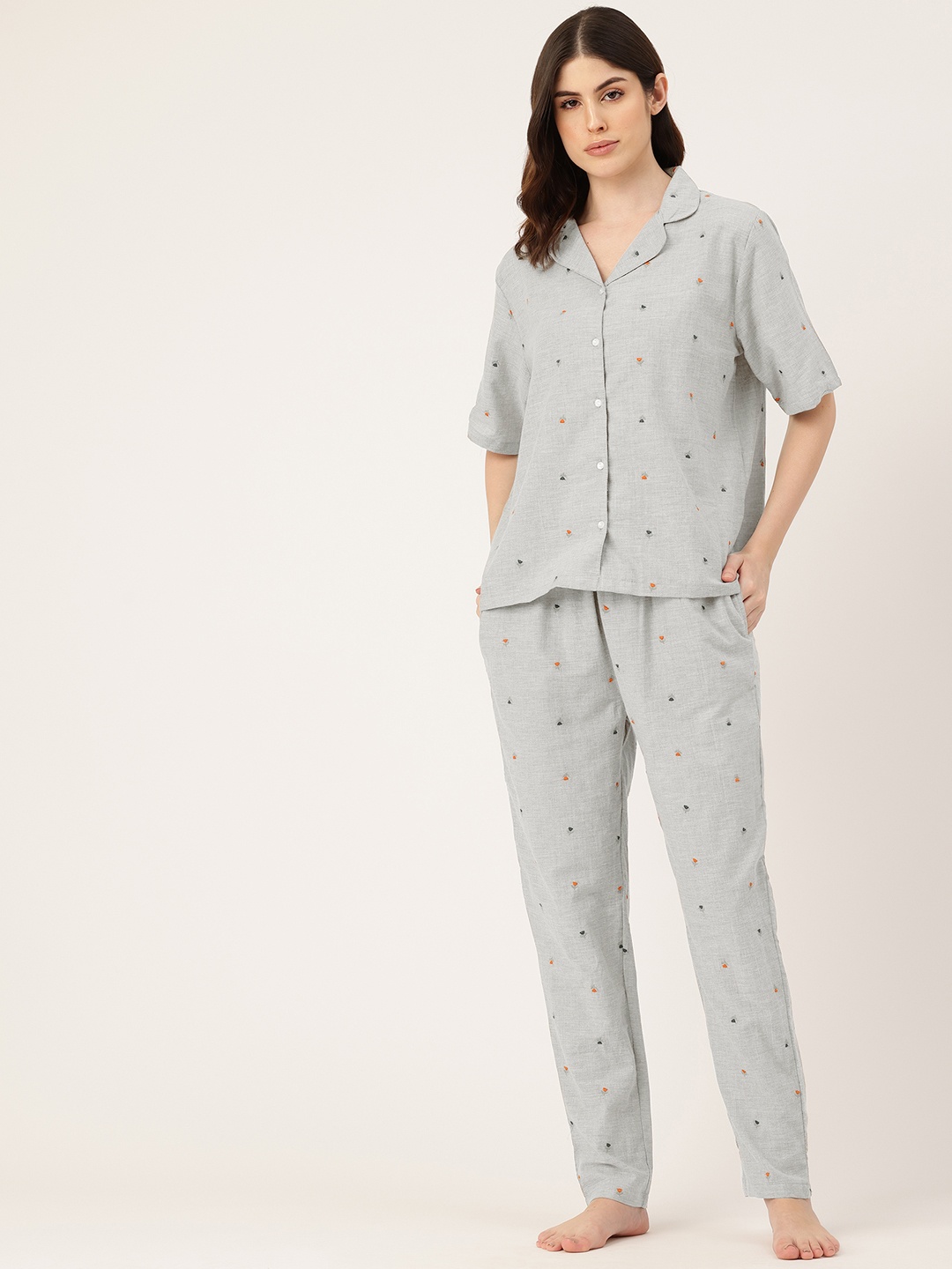 

ETC Floral Embroidered Night suit, Grey melange