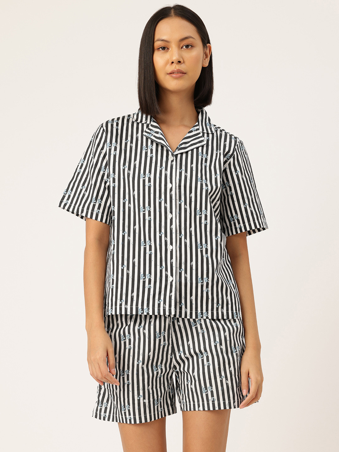 

ETC Floral Printed Striped Night suit, Black