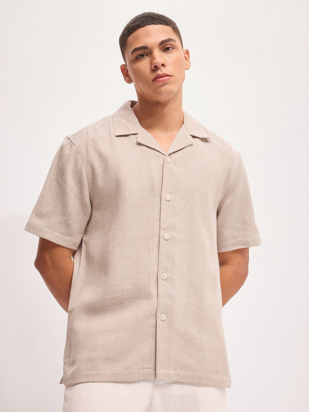 

THE BEAR HOUSE Men Cuban Collar Solid Cotton Casual Shirt, Beige